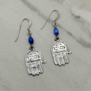 Sterling Silver Hamsa Hand Earrings with Blue Beads marked Trades